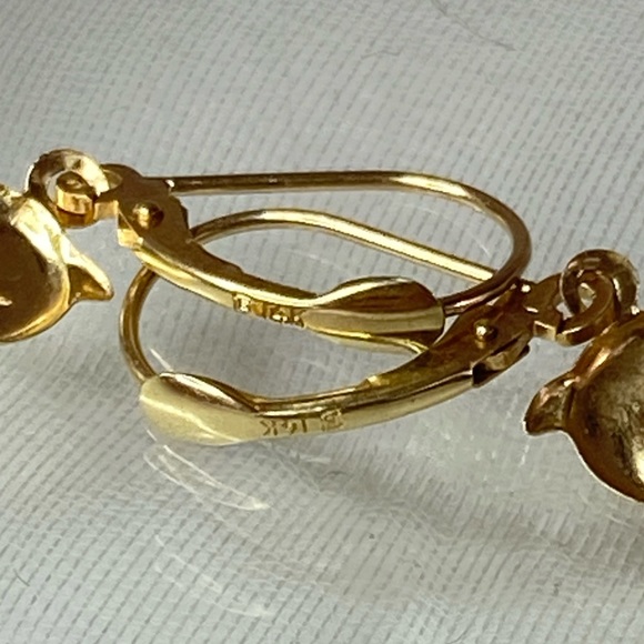 14K YELLOW GOLD dolphin dangle dainty earrings REAL GOLD 1” - Picture 7 of 10